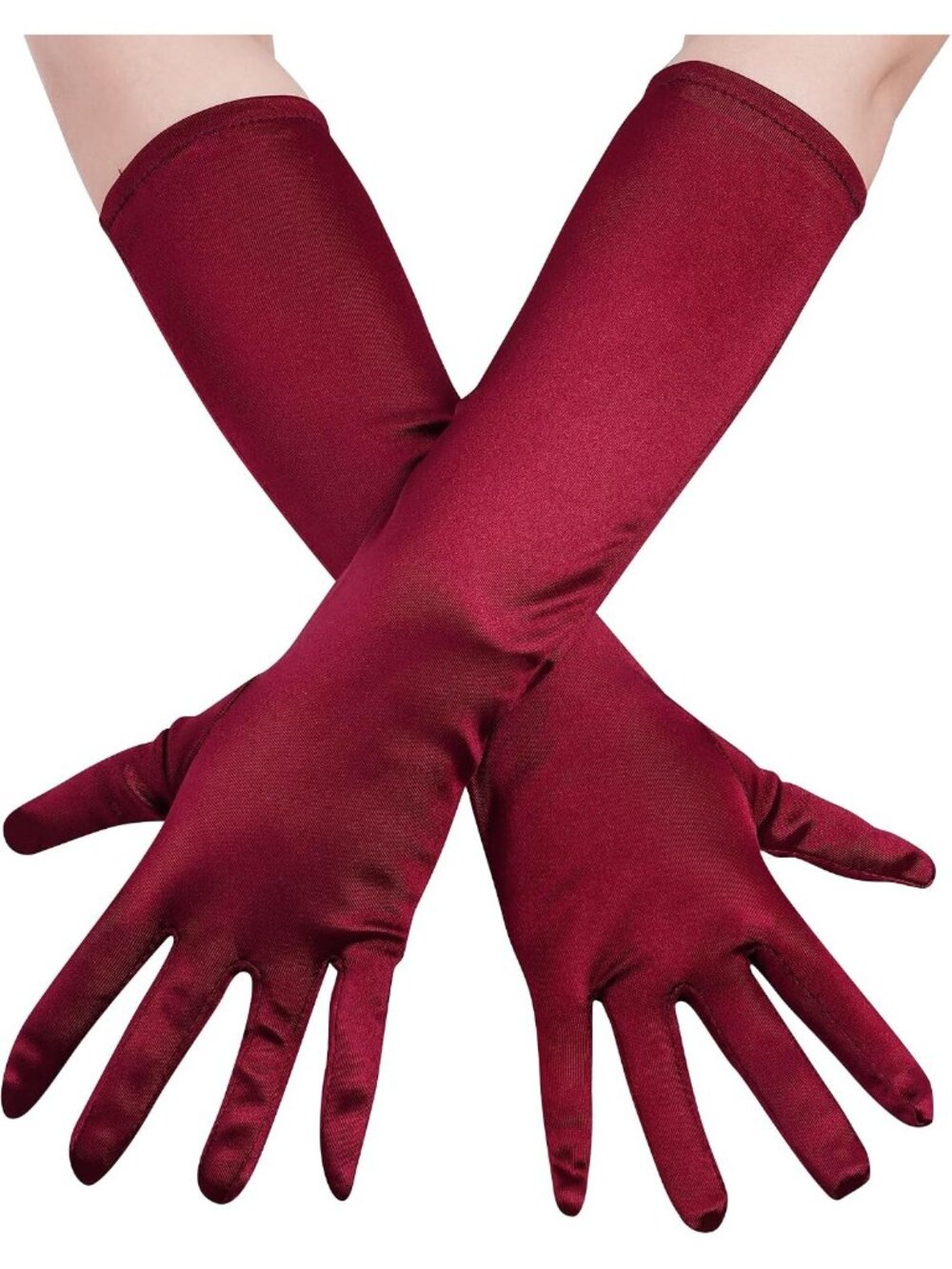 Women's Wine Red Long Opera Party 20s Stretchy Elbow Length Classic Satin Gloves
